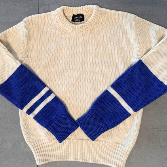 CALVIN KLEIN 205W39THNYC Men's Wool Cream and Blue Crew - M - Picture 1 of 8